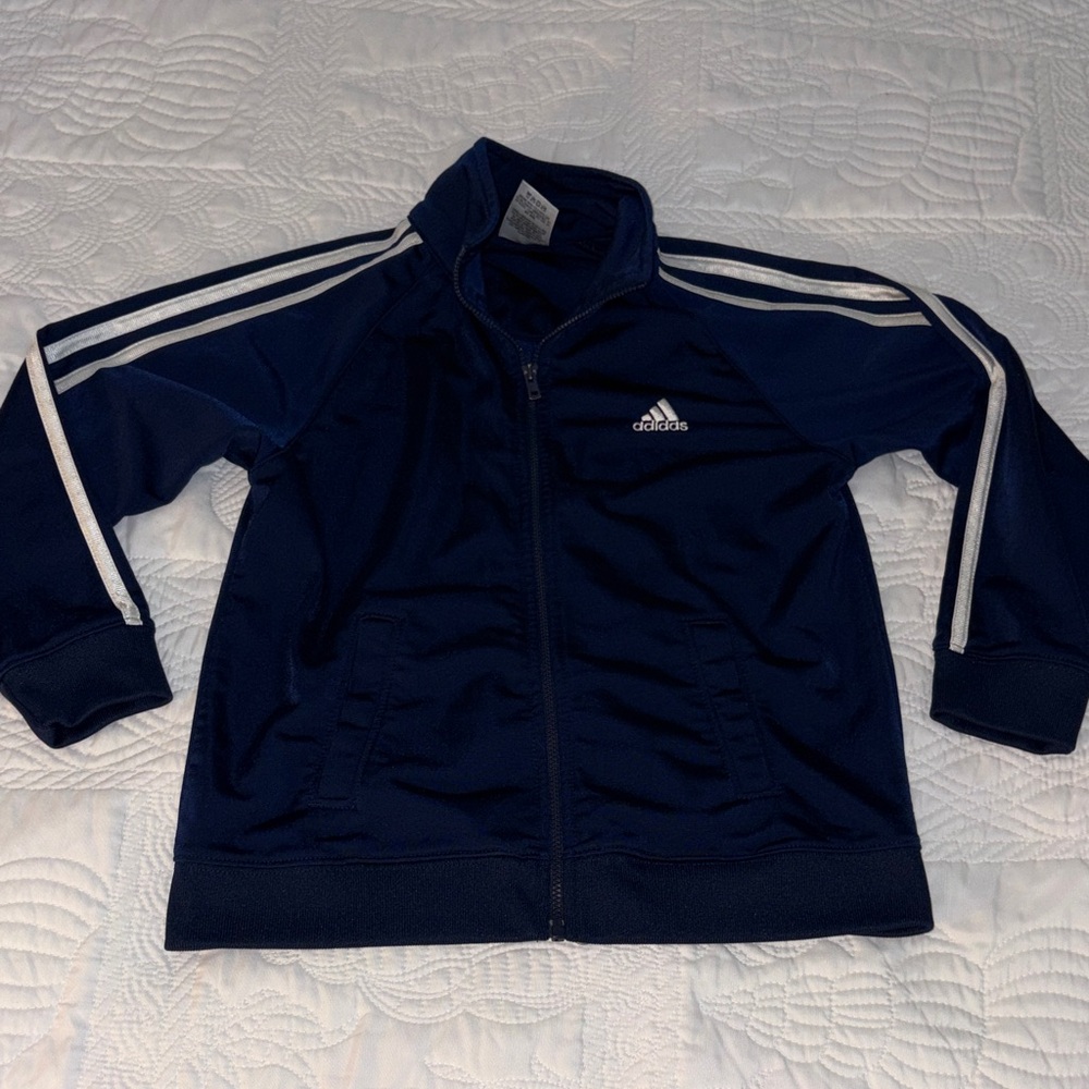 Boys Adidas Dark Blue Zip-Up Jacket with White Stripes
